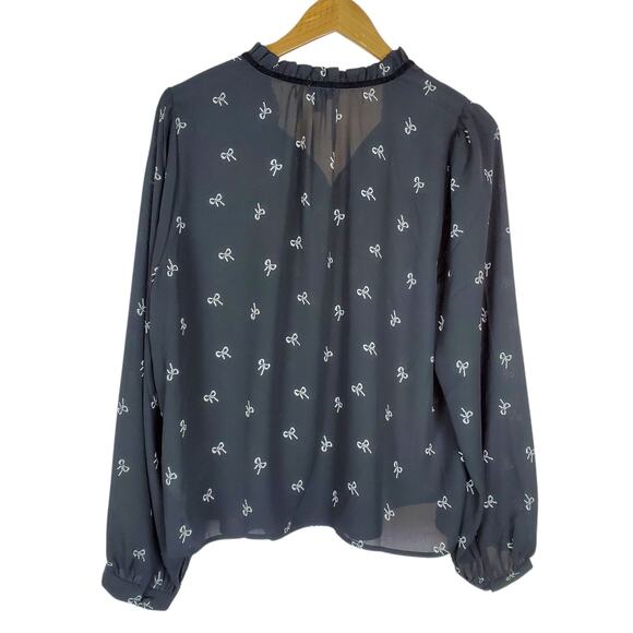 J Crew Velvet Tie Neck Top Bow Print Womens XL Black Ivory Blouse Long Sleeve - Picture 5 of 14